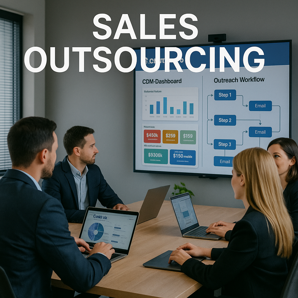 Sales outsourcing team with CRM dashboards and outreach workflow